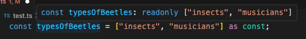screenshot of vscode, hovering over code. Type shown is readonly ["insects", "musicians"]